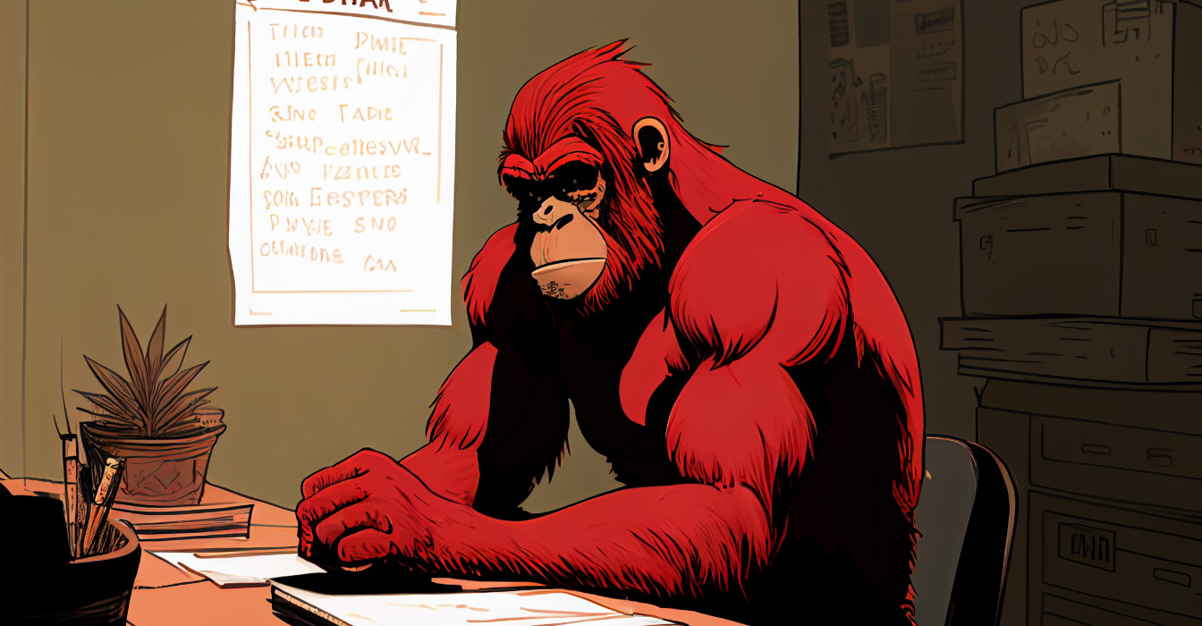 a red ape sitting at a desk over some paperwork with a list of words written on the wall.