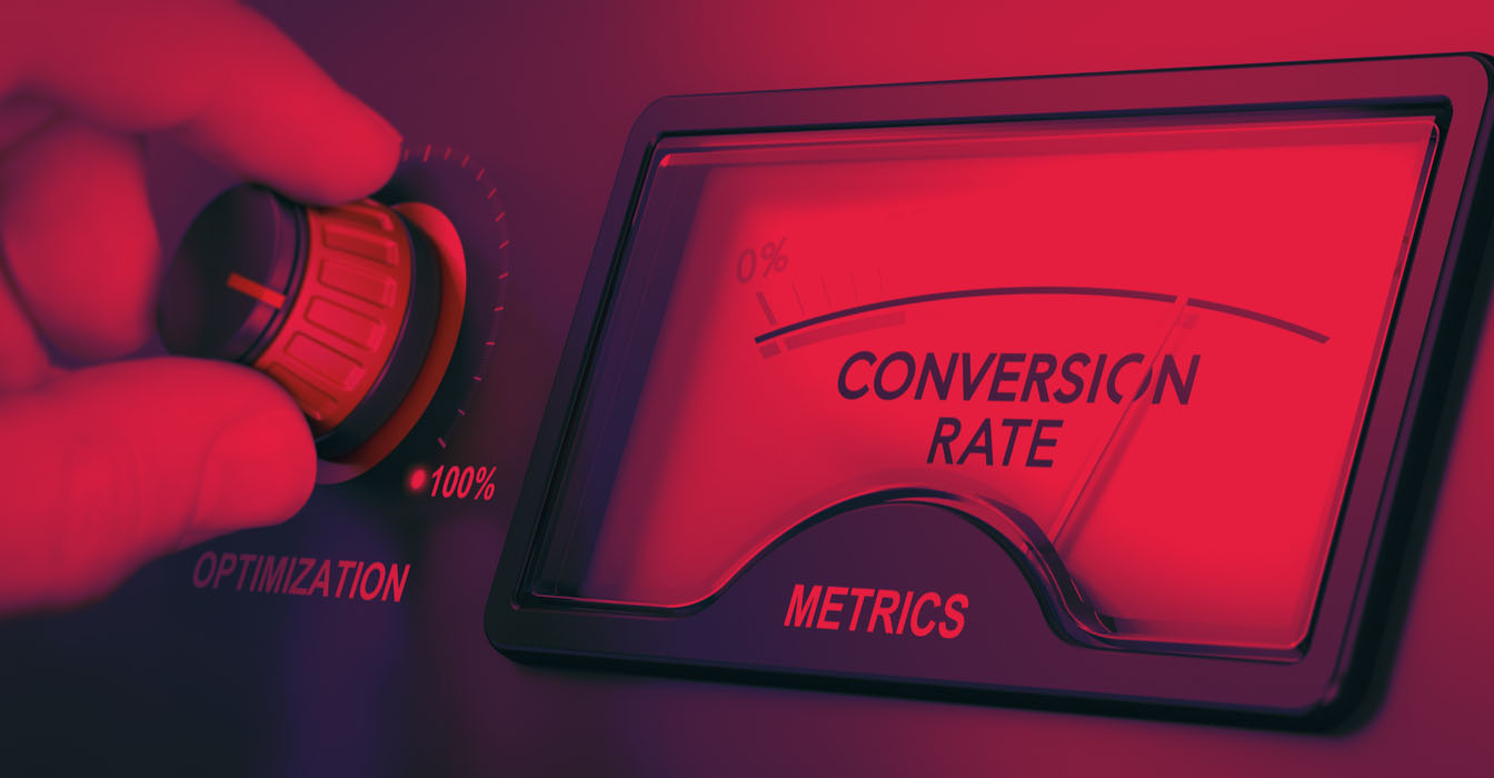 Meter showing conversion rate metrics with a hand turning an optimization knob to 100%