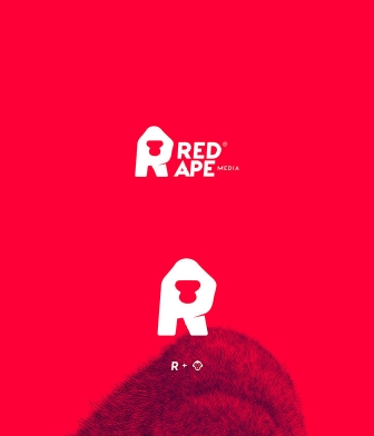 Red Presentation image showcasing branding elements for Red Ape Media such as logo, business cards, letterhead, promotional items and web design
