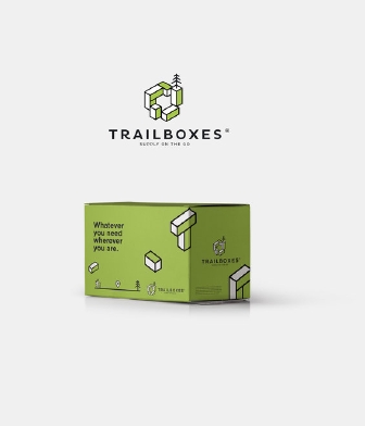Presentation image showcasing logo design and packaging design for Trailboxes